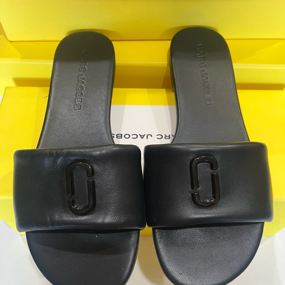Marc Jacobs Black Leather Slide Mules with Signature Metal Logo